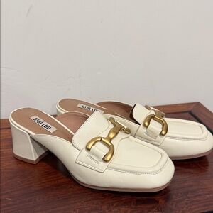 Anthropologie BiBi Lou Cream Leather Block Heel Loafer Mules Brass Horse Bit